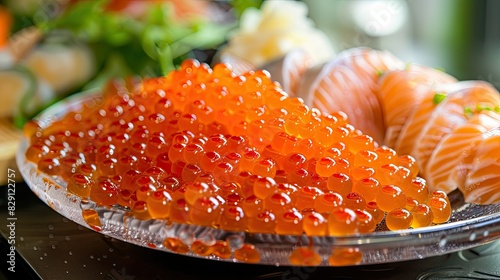 Platter of steamed crab roe served alongside tangy marinated salmon, an exquisite seafood indulgence