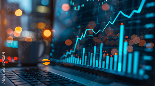 An image of a financial analyst's desk, with charts and graphs showing rising arrows, highlighting economic growth and performance #829122793