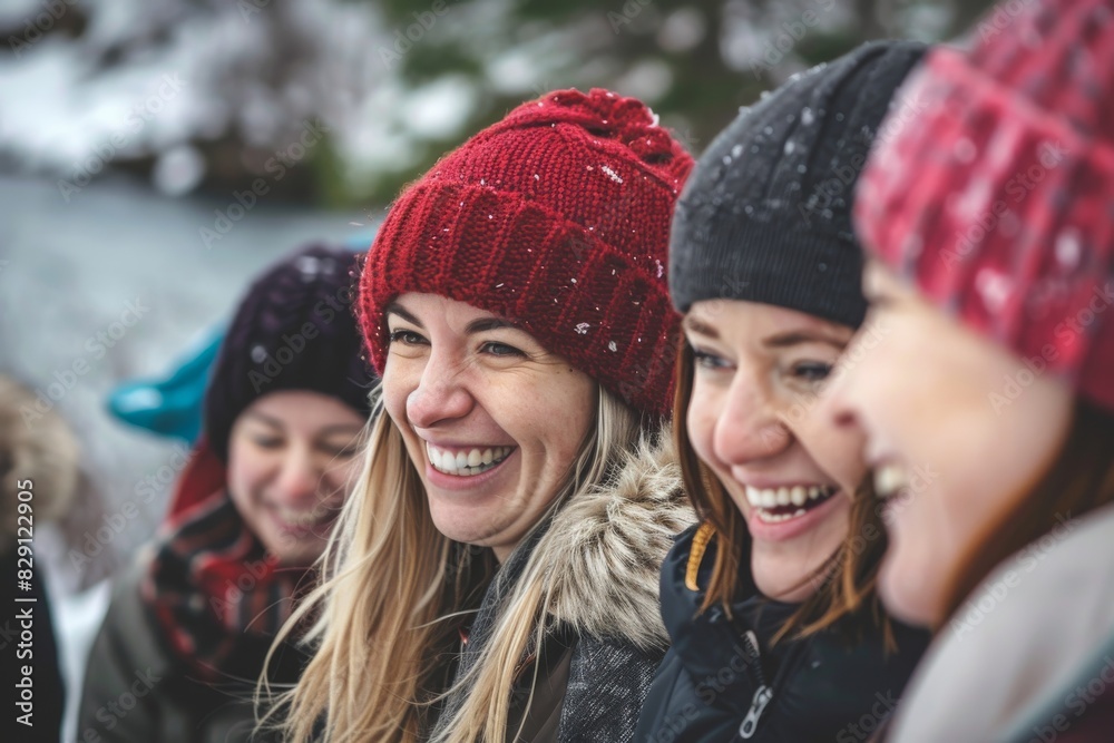 Portrait of three women laughing and looking at camera in winter park Portrait of three women laughing and looking at camera in winter park