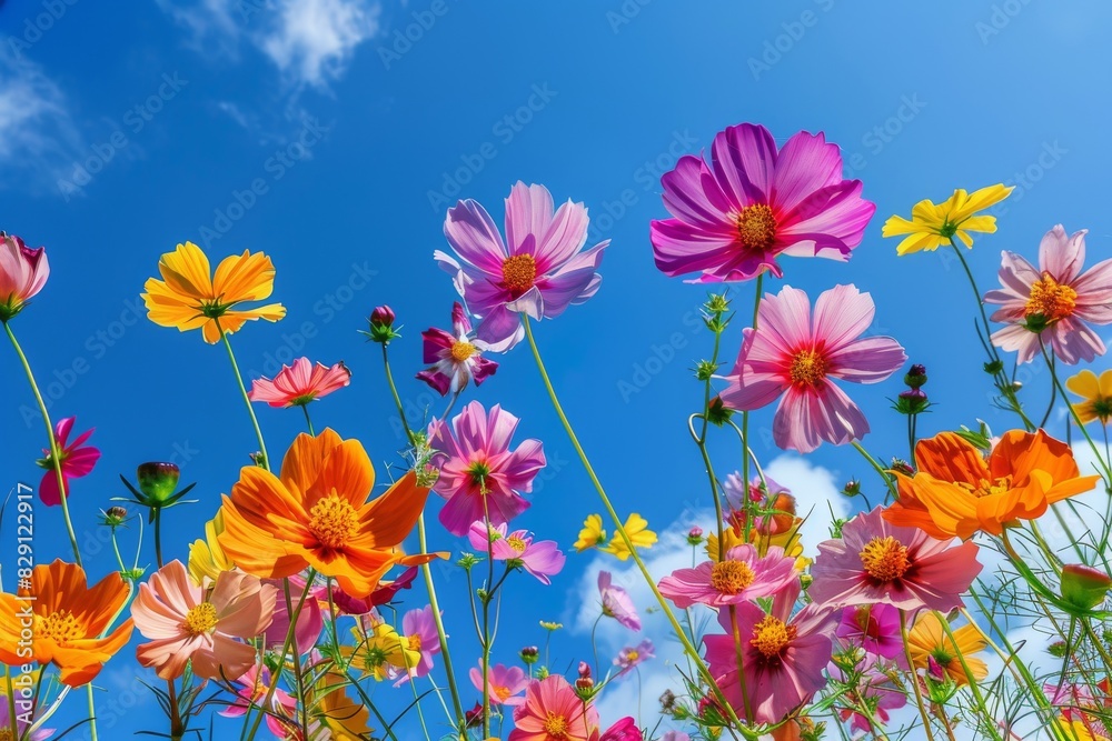 Oil painting of colorful flowers, large blue sky background, ultrahigh definition details, textured oil paint, vibrant colors, natural light, fantasy, fantasy flower garden Oil painting of colorful flowers, large blue sky background, ultrahigh definition details, textured oil paint, vibrant colors, natural light, fantasy, fantasy flower garden