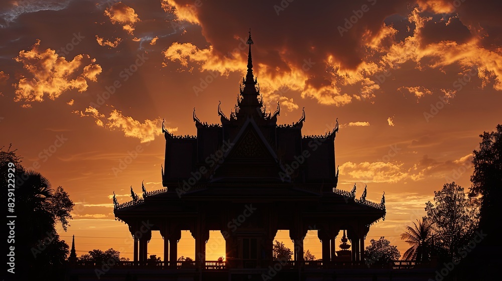 Obraz premium Serene silhouette of a temple hall, the intricate architecture beautifully outlined against the twilight sky