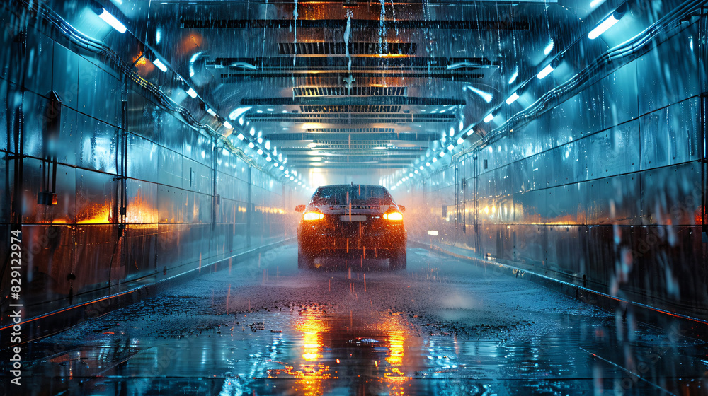 A wide-angle shot of a car wash tunnel, with a vehicle moving through automated brushes and jets for a thorough exterior cleaning A wide-angle shot of a car wash tunnel, with a vehicle moving through automated brushes and jets for a thorough exterior cleaning