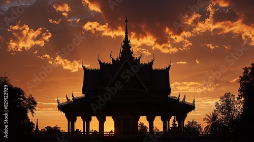 Serene silhouette of a temple hall  the intricate architecture beautifully outlined against the twilight sky