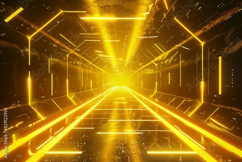 Futuristic empty glowing neon yellow background with high tech lines