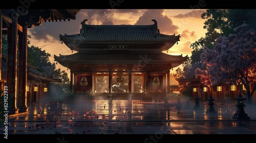 Shadowed outline of a Buddhist temple hall  capturing the serene and sacred atmosphere in the twilight