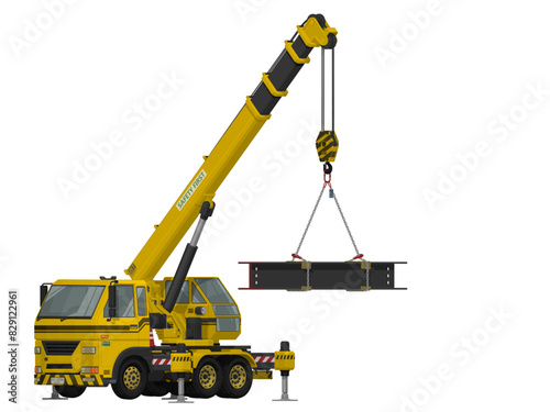 Mobile crane with H-beam on white background