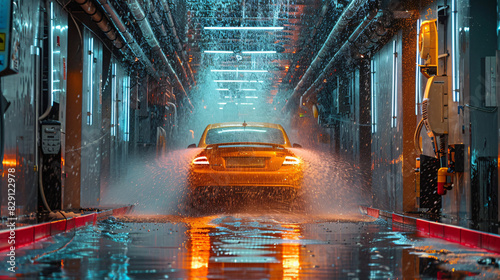 A wide-angle shot of a car wash tunnel, with a vehicle moving through automated brushes and jets for a thorough exterior cleaning photo