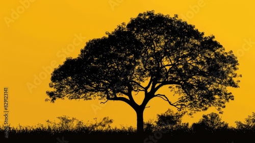 Silhouette of a tree with radiant yellow light  capturing the quiet beauty of dusk or dawn