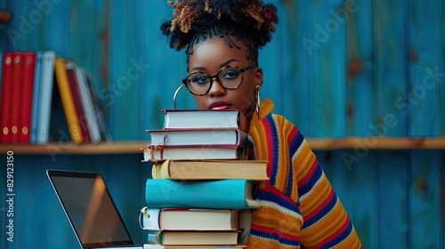 A woman wearing glasses is standing in front of a stack of books. She is holding a laptop in her hand. Concept of studiousness and focus, as the woman is surrounded by books and technology photo