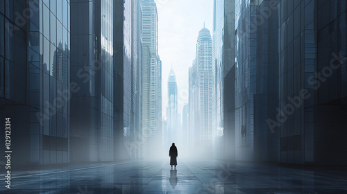 A striking photograph of a nomad standing amidst towering skyscrapers, juxtaposing traditional nomadic culture with the sleek lines of modern architecture photo