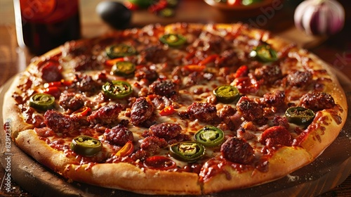 A sizzling spicy pizza with a variety of hot toppings, including spicy sausage and ready to be devoured photo