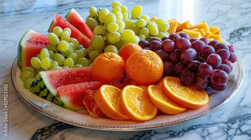 A vibrant fruit platter featuring seedless oranges  grapes  and watermelon  showcasing their bright colors and freshness