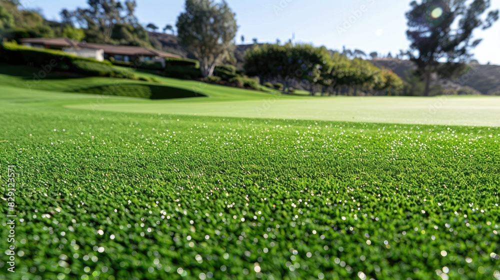 Obraz premium Artificial turf covering a golf course fairway, providing a consistent playing surface year-round