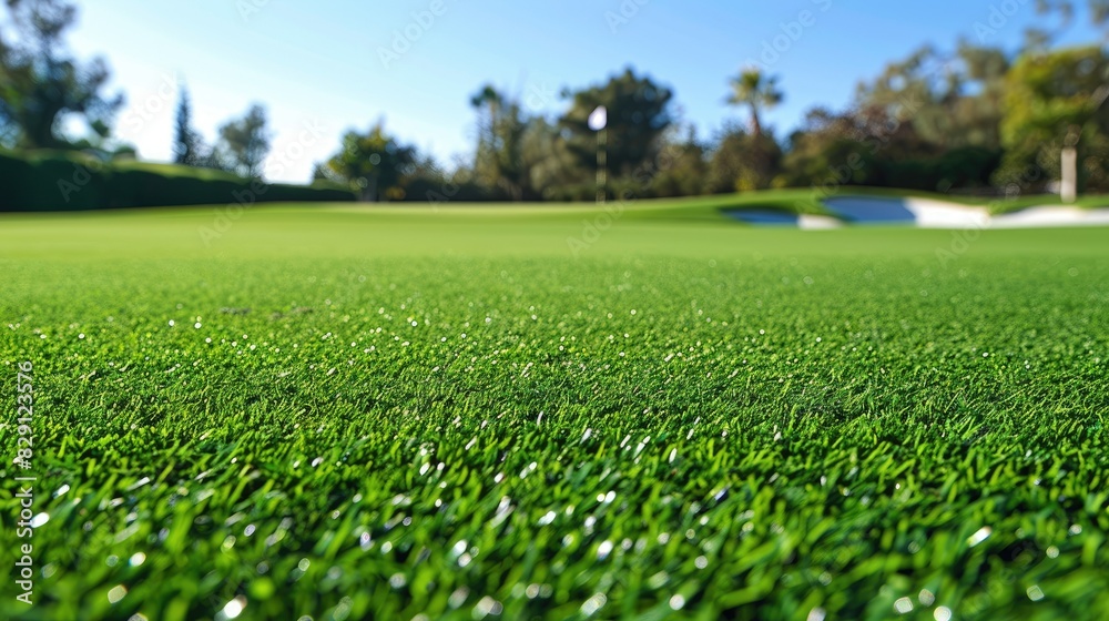 Artificial turf covering a golf course fairway, providing a consistent playing surface year-round