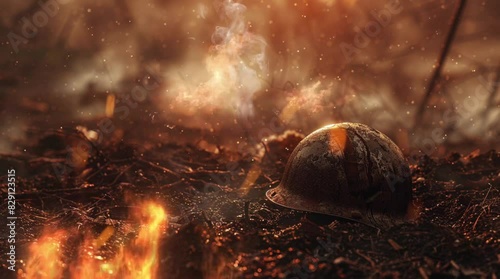 War helmets in a war area that has become a sea of ​​fire. seamless looping 4K virtual video animation background