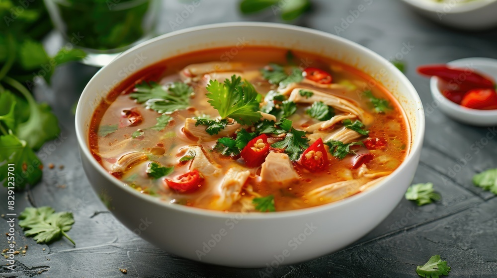 Bowl of mouthwatering tom yum chicken soup garnished with fresh herbs, ready to be savored and enjoyed Bowl of mouthwatering tom yum chicken soup garnished with fresh herbs, ready to be savored and enjoyed
