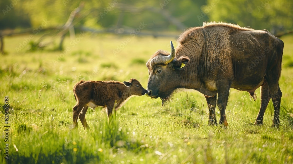 Calf feeding from its mother buffalo in a green pasture, highlighting the beauty of nature and maternal care Calf feeding from its mother buffalo in a green pasture, highlighting the beauty of nature and maternal care