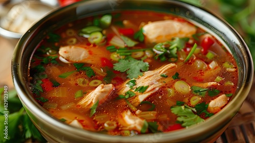 Close-up of a bowl filled with spicy and flavorful tom yum chicken soup, a popular Thai comfort dish