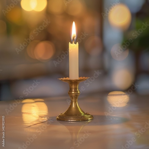 Glowing candle on golden candlestick with blurred background photo