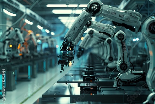 A group of futuristic robots are seen moving along a conveyor belt on a factory floor