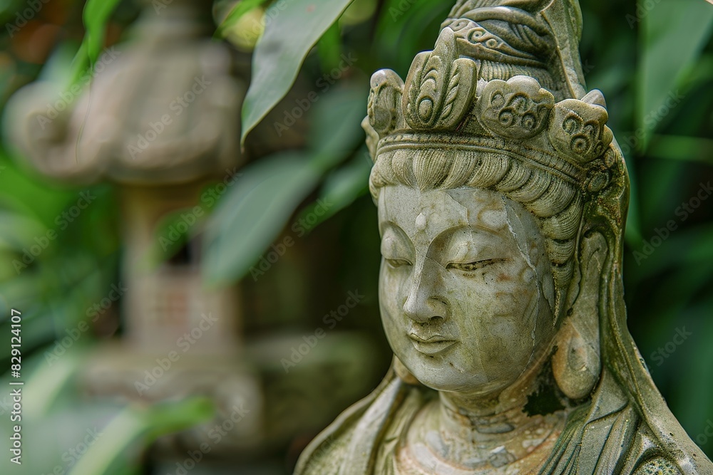 ancient stone buddha statue in lush green foliage