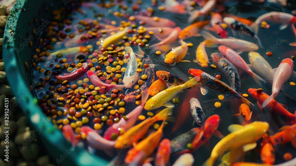 Fototapeta premium Close-up of colorful fish pellets in a feeding ring, offering a balanced diet for happy and vibrant fish