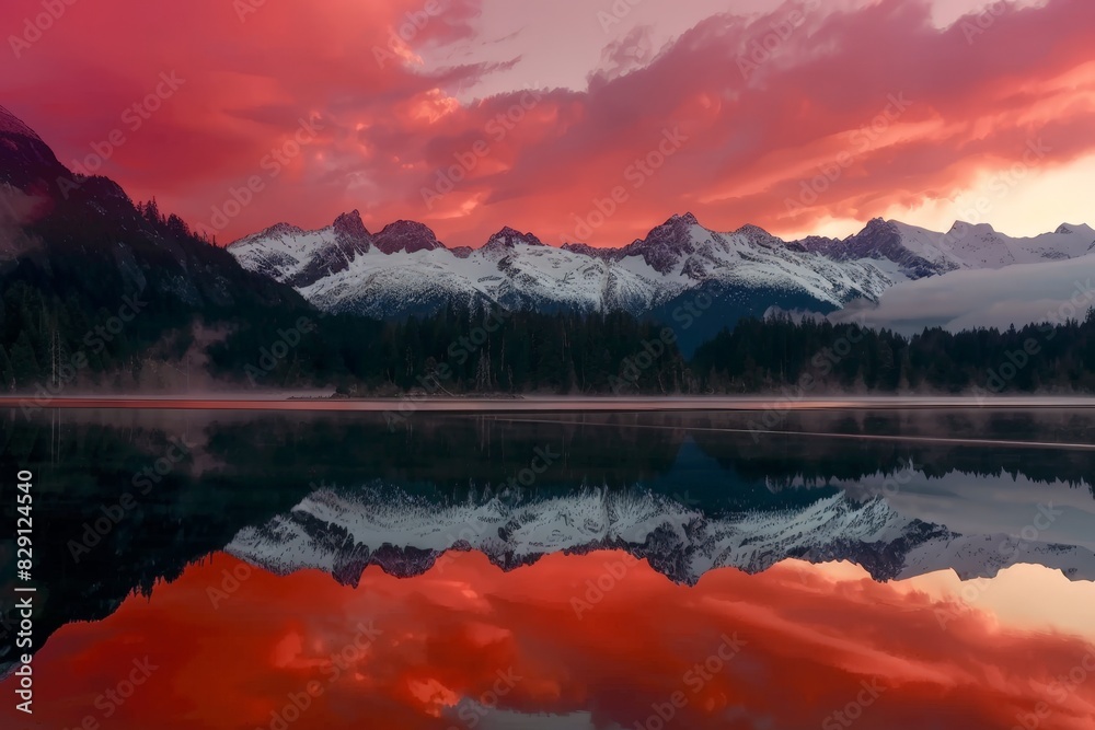 Stunning mountain landscape reflected in a serene lake at sunset