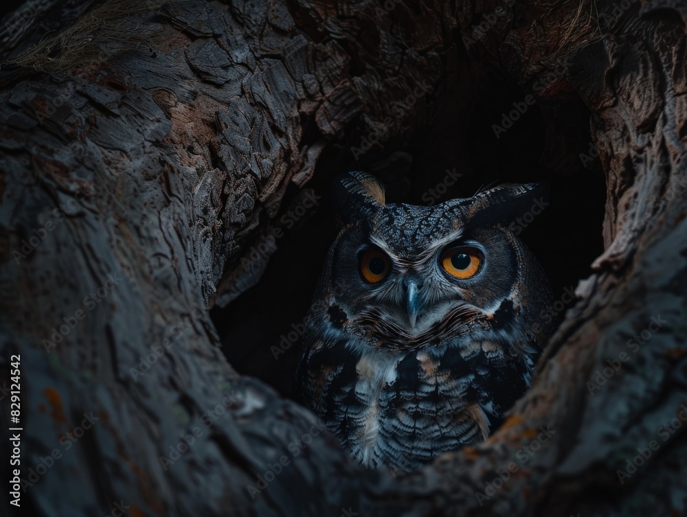 Mysterious owl peering from dark tree hollow Mysterious owl peering from dark tree hollow