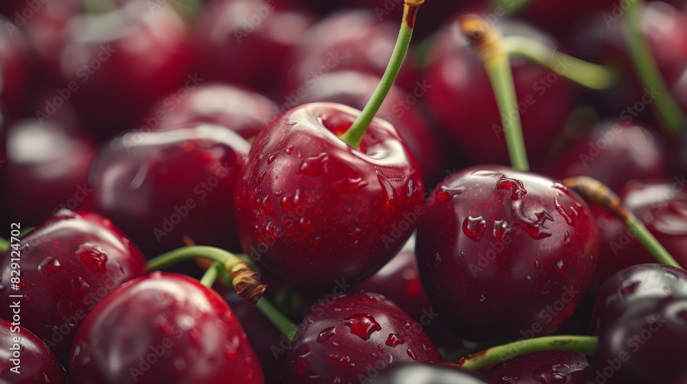 Juicy ripe red cherries with water droplets Juicy ripe red cherries with water droplets