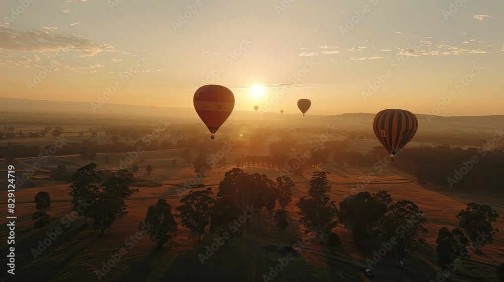Drone shot capturing hot air balloons floating gracefully above the landscape, offering a stunning vista