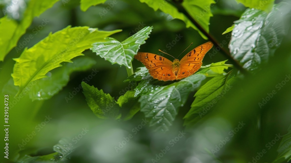 Vibrant orange butterfly resting on lush green leaves Vibrant orange butterfly resting on lush green leaves