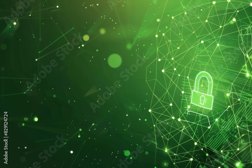 Illustration vector of cyber security concept. Lock symbol from lines and triangles, point connecting network on green background. 