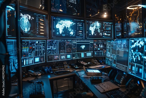 A control room equipped with numerous monitors displaying real-time data and information