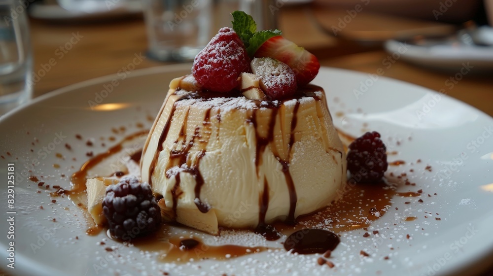 Delectable dessert with fresh strawberries and chocolate drizzle