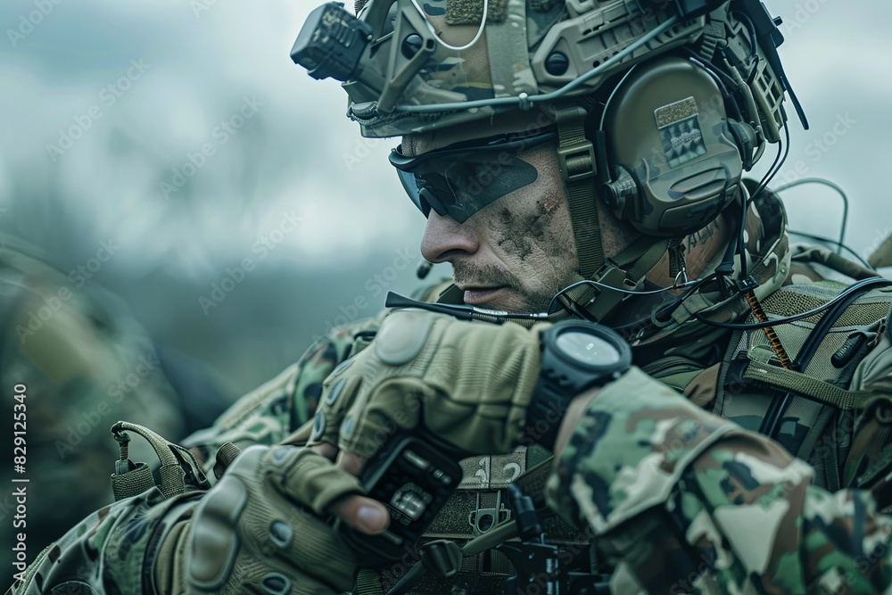 Fototapeta premium A man clad in camouflage uniform holding a radio communication device in his hand