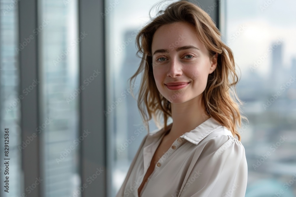 Smiling young woman looking out window Smiling young woman looking out window
