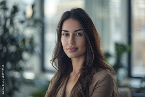 Thoughtful woman with long dark hair looking out window