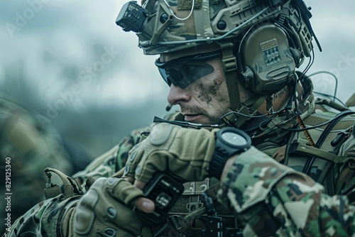 A man clad in camouflage uniform holding a radio communication device in his hand