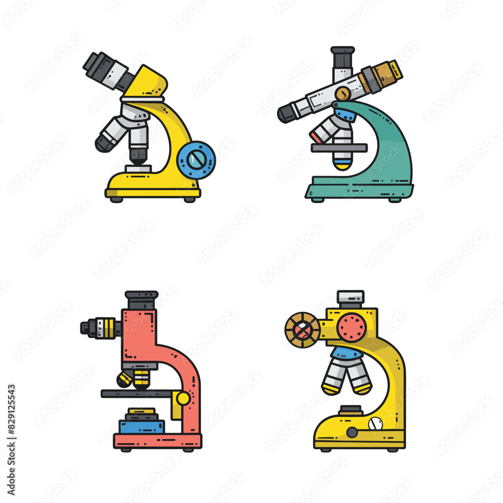Four colorful microscopes, distinct designs, scientific research tools, cartoon style. Bright color laboratory microscopes, educational science equipment, isolated white background. Various types Four colorful microscopes, distinct designs, scientific research tools, cartoon style. Bright color laboratory microscopes, educational science equipment, isolated white background. Various types