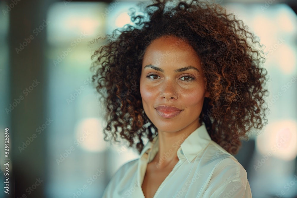 Confident woman with curly hair in white blouse Confident woman with curly hair in white blouse