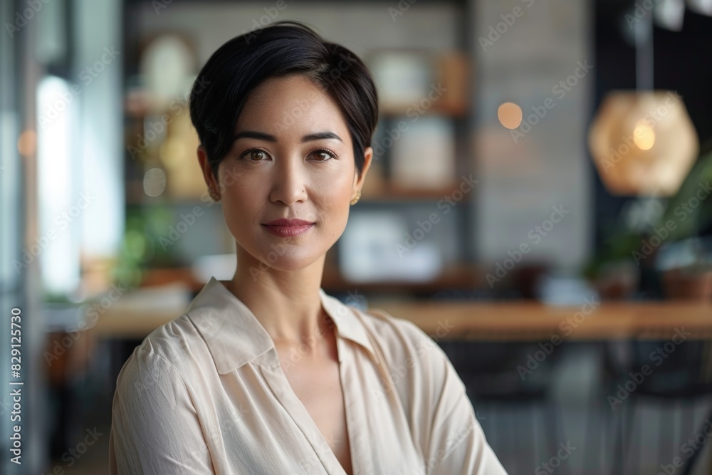 Naklejka premium Confident asian woman in beige blouse