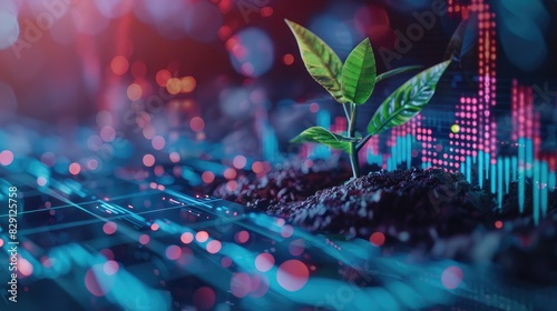 digital screen showing a stock market graph with a plant growing beside it, symbolizing modern financial growth photo