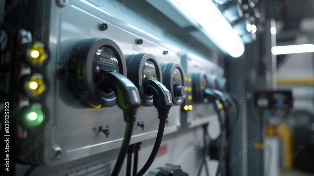 A closeup of the charging station reveals intricate details like energy meters and charging plugs. A closeup of the charging station reveals intricate details like energy meters and charging plugs.