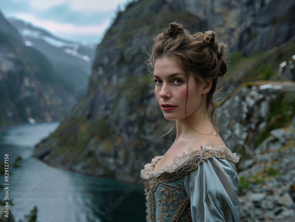 woman in historical dress overlooking scenic mountain landscape woman in historical dress overlooking scenic mountain landscape