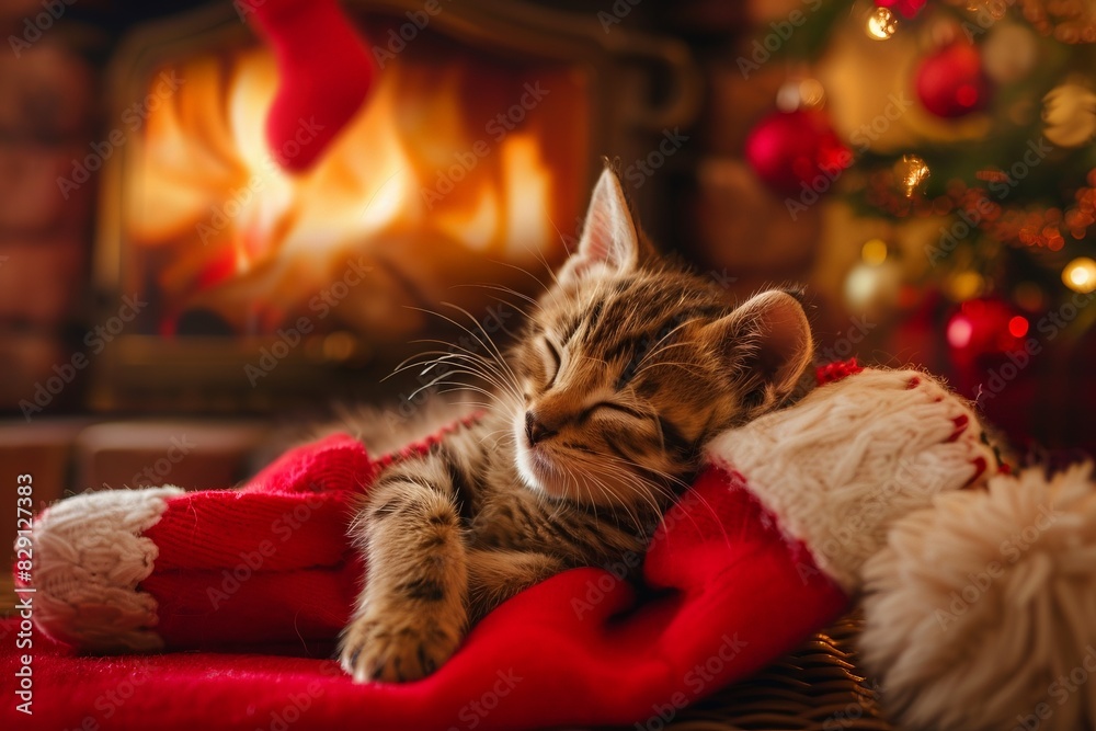 Adorable tabby kitten sleeping by the fireplace in a cozy Christmas setting, with festive decorations and a warm holiday atmosphere. Adorable tabby kitten sleeping by the fireplace in a cozy Christmas setting, with festive decorations and a warm holiday atmosphere.