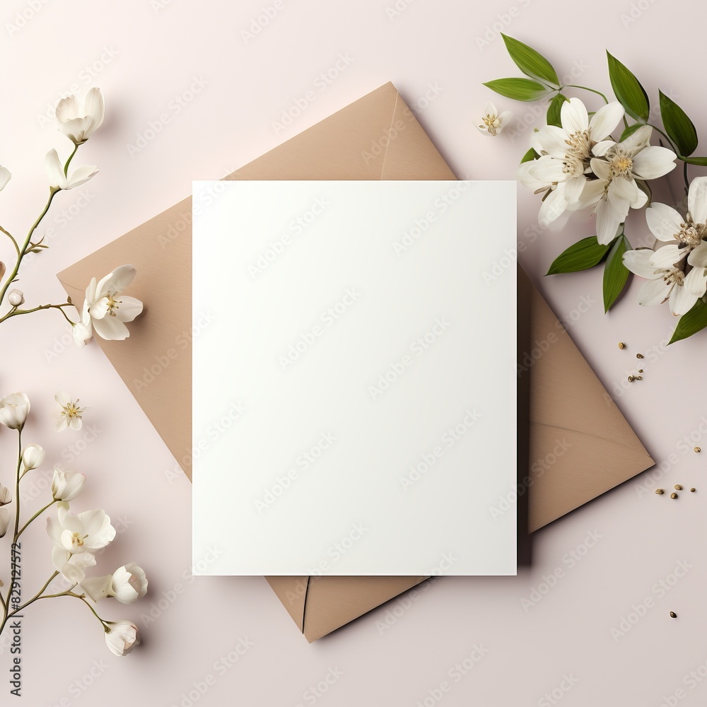 Blank greeting card with envelope surrounded by white flowers. Perfect for invitations, announcements, or celebration messages. Blank greeting card with envelope surrounded by white flowers. Perfect for invitations, announcements, or celebration messages.