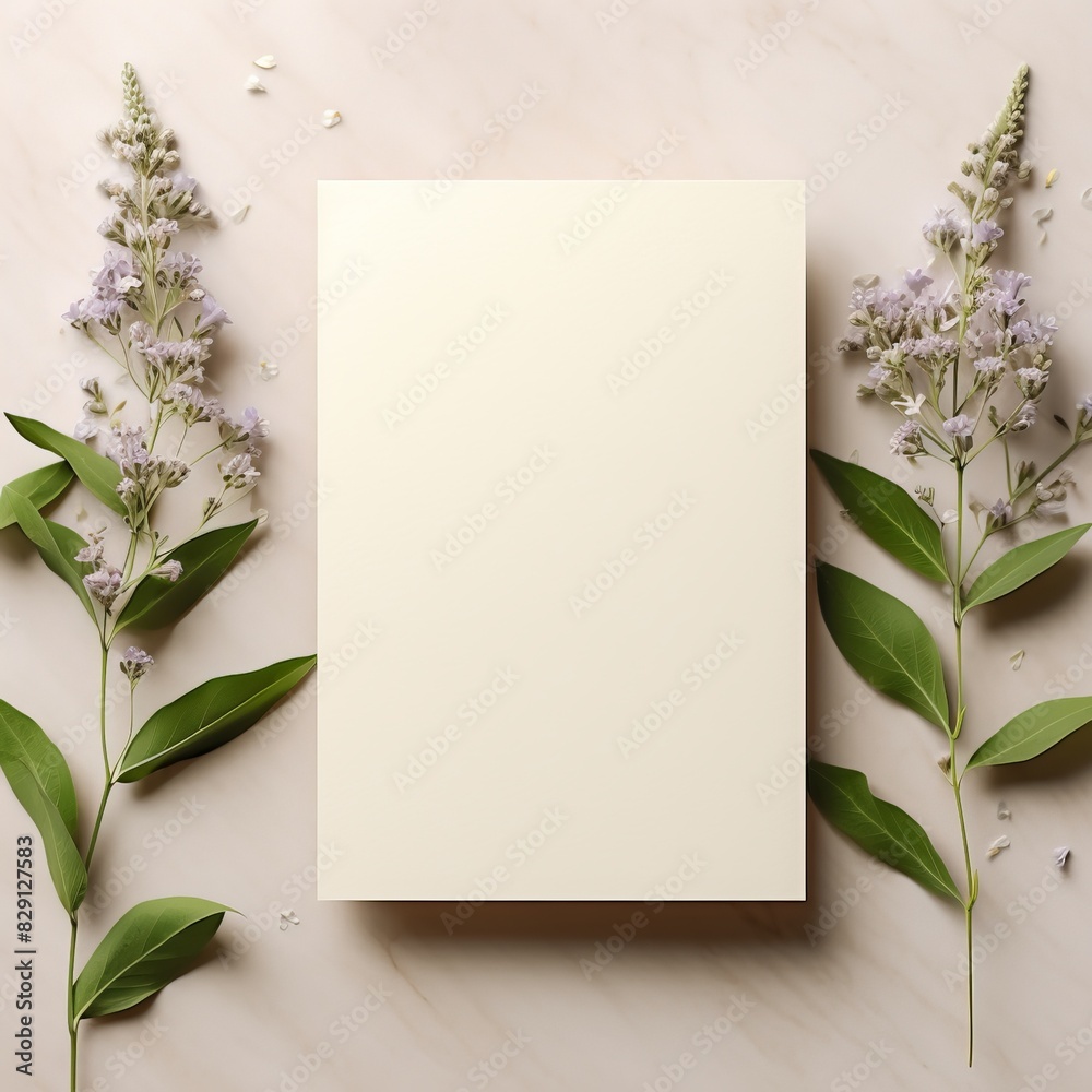 Blank ivory-colored card surrounded by delicate purple flowers and green leaves on a pastel surface, perfect for invitations or messages.