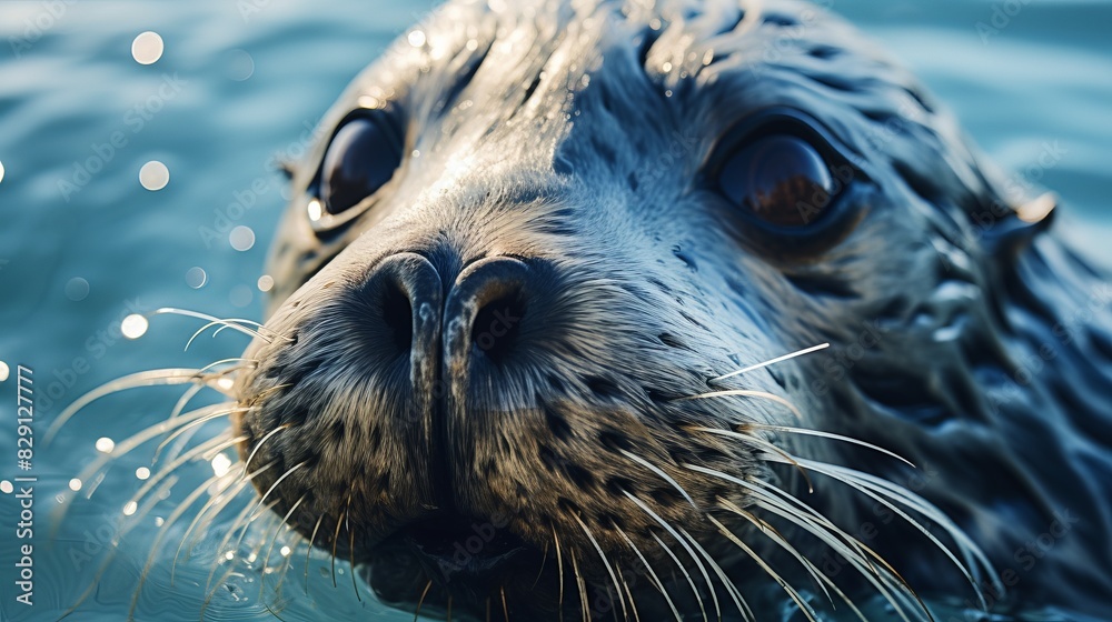 Fototapeta premium Close-up of a curious seal's face emerging from the water, showcasing its whiskers and expressive eyes in a marine setting.