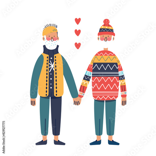Two illustrated characters holding hands, wearing colorful winter clothing, expressing love companionship heart symbols. Cartoon couple outfitted vibrant sweaters, coats, beanies against isolated