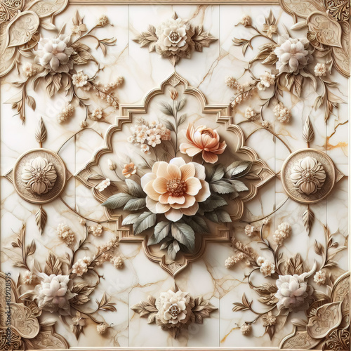 panel wall art, marble background with flower designs, wall decoration